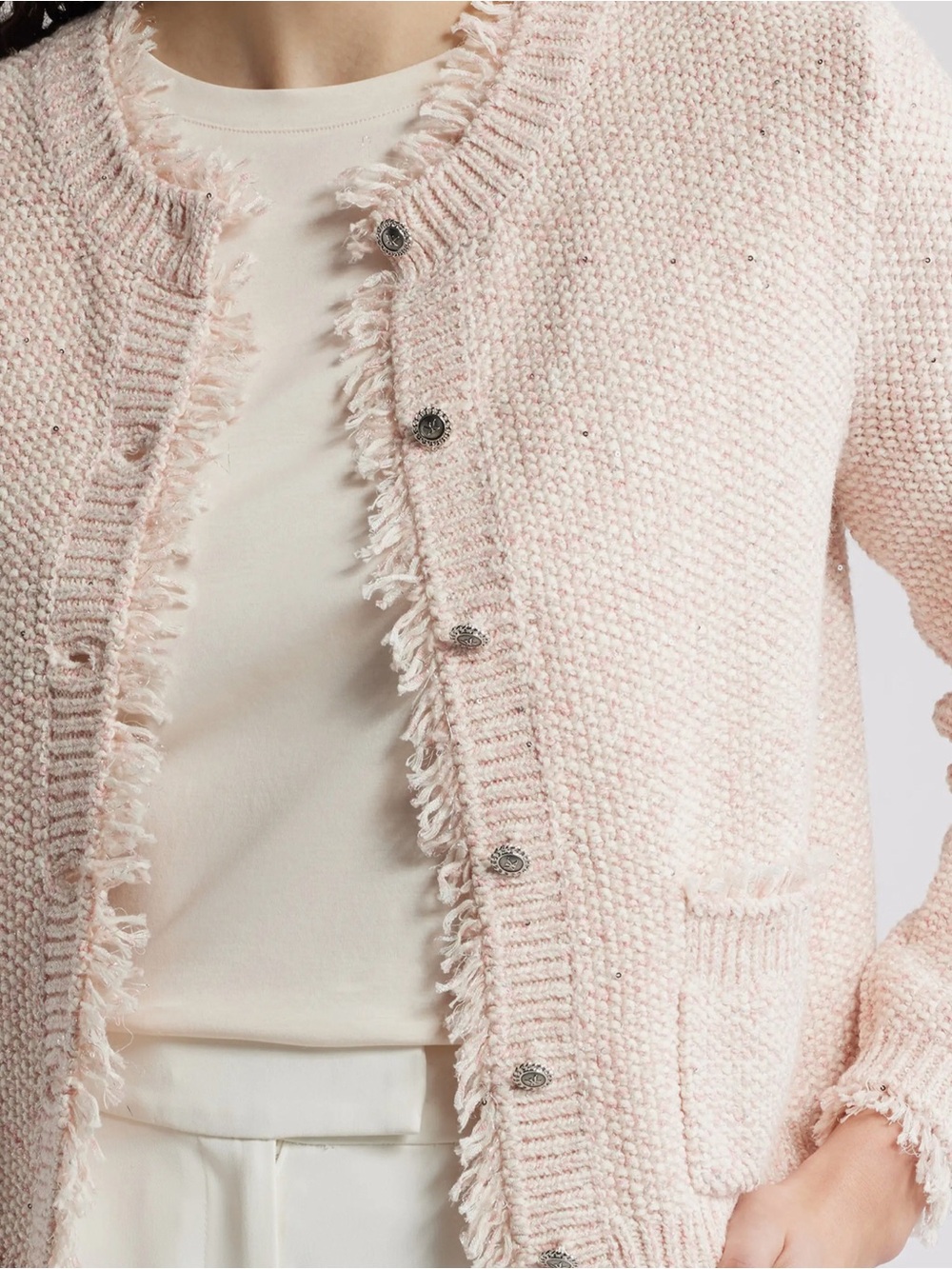 Fringed Bouclé Open-Front Sweater Cardigan - Pale Pink